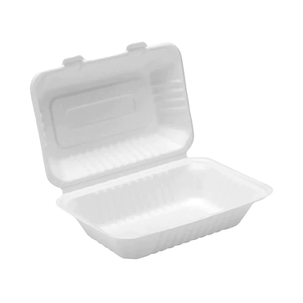 Globe Compostable Hinged Clamshell Containers, White, Sugarcane, 9" x 6" x 3.25" (200-pack) - 6013