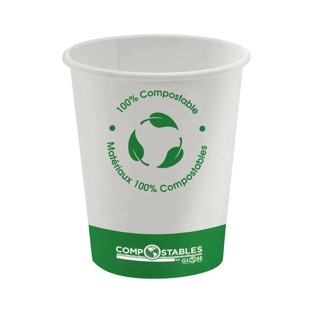 Globe | Gobelets en papier chaud/froid compostables, paroi simple, blanc, 8 oz (paquet de 1000)