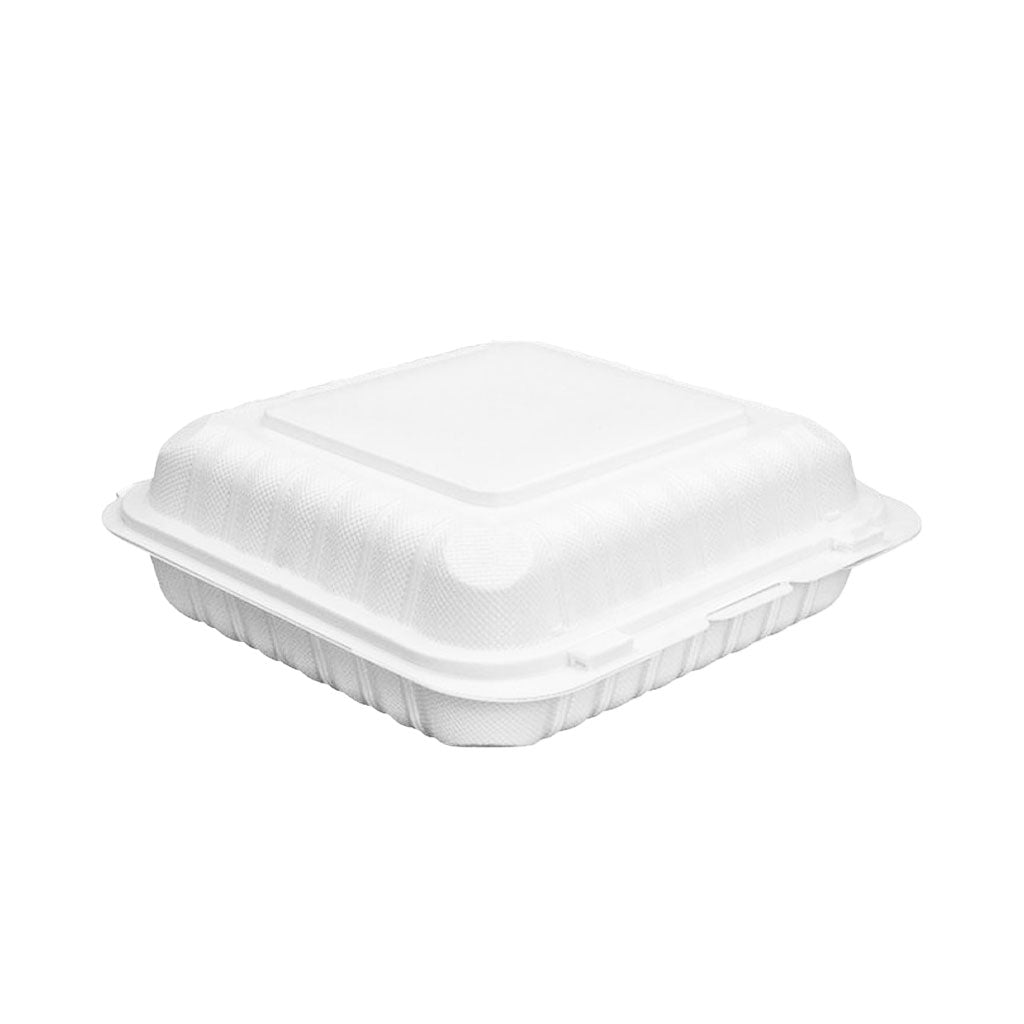 Globe Recyclable Clamshell Container, 8" x 8" x 3", White (150-pack) - 7011