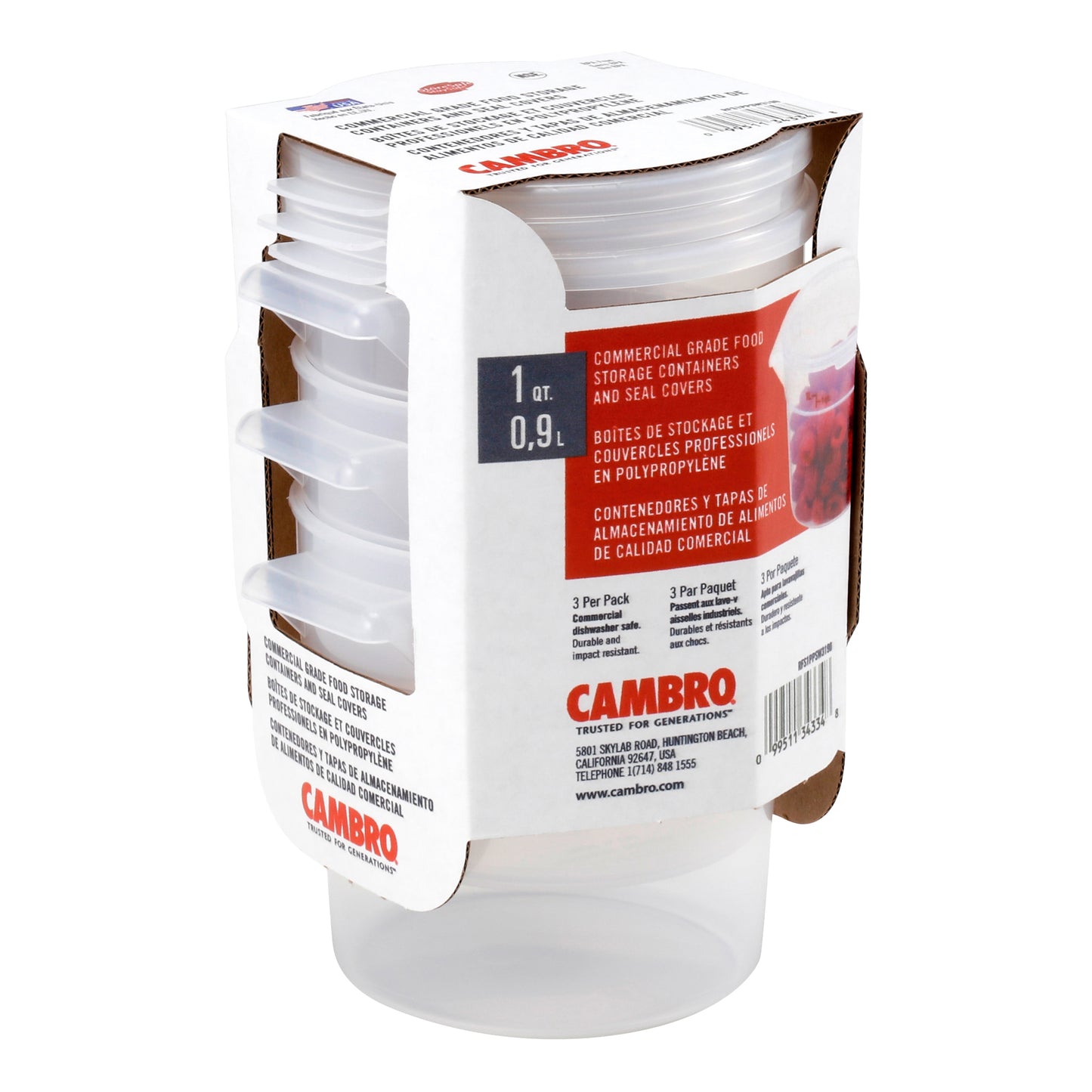 Cambro | Ensemble de contenants et couvercles ronds translucides, 1 pinte (paquet de 3)