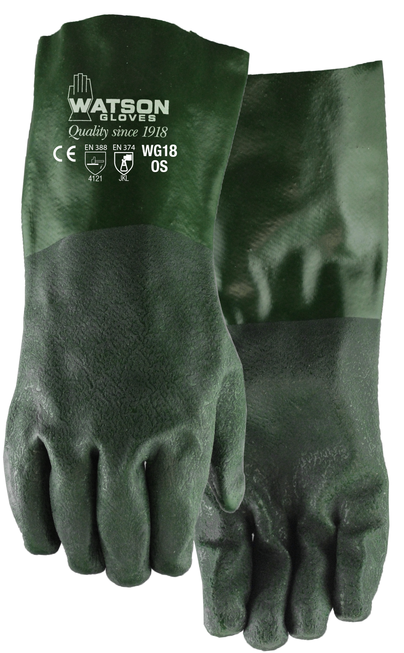 Watson Gloves Dura Dip Chemical-Resistant Gloves, 18", PVC, Green (1 pair) - WG18