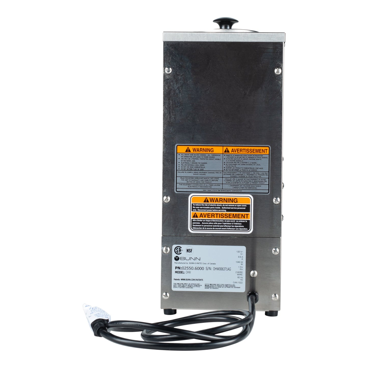 BUNN OHW Hot Water Dispenser, 80 oz, 120V - 02550.6000