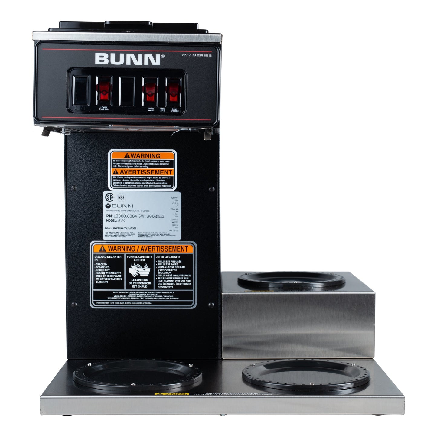 BUNN | VP17-3 Cafetière à profil bas avec 3 chauffe-cafés inférieurs, 12 tasses, noir