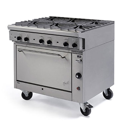 Quest Heavy Duty Gas Range, 6 Burners, 36", Casters, Natural Gas - 100-16OBOOO(CST-NG)