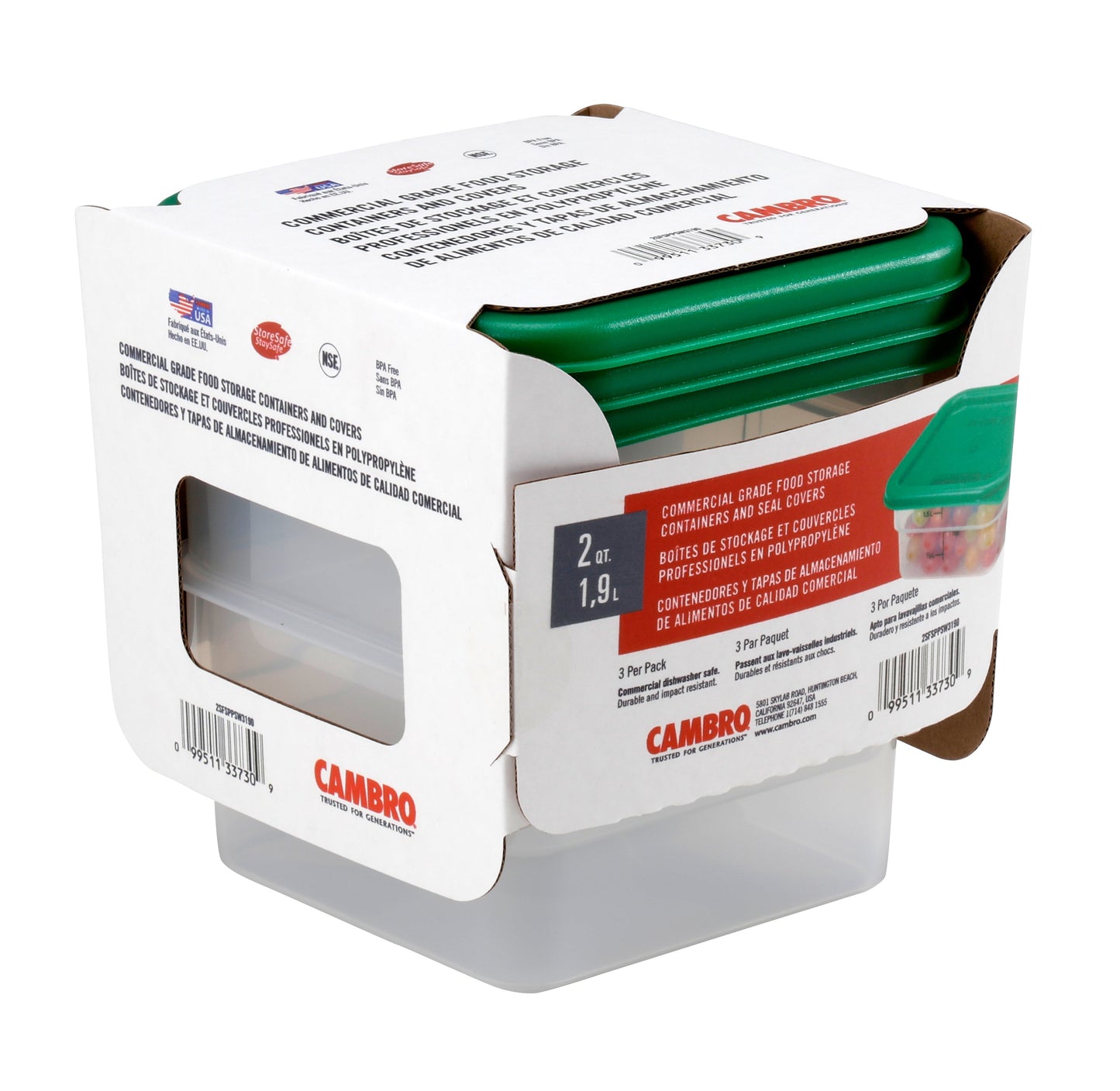 Cambro | Ensemble de récipients et couvercles pour aliments CamSquare, 2 pintes, translucide (paquet de 3)