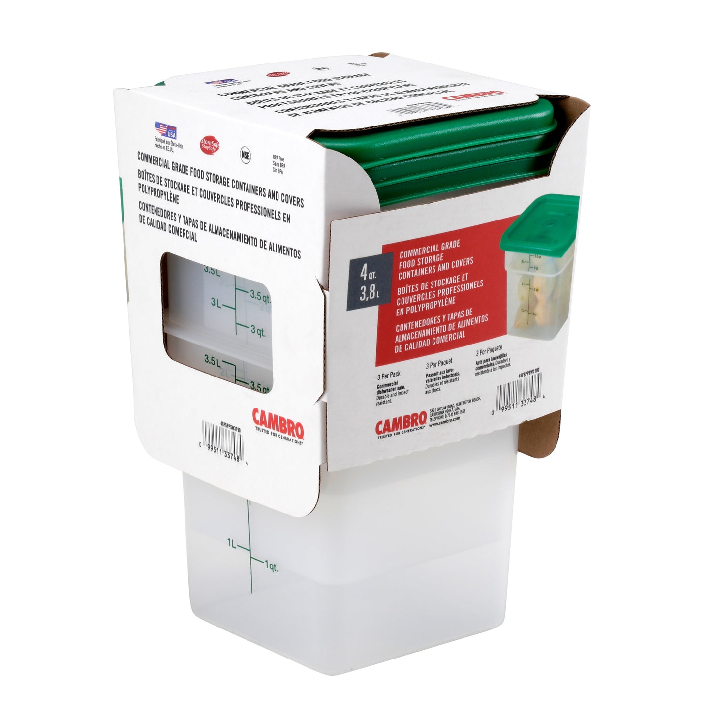 Cambro | Ensemble de récipients et couvercles pour aliments CamSquare, 4 pintes, translucide (paquet de 3)