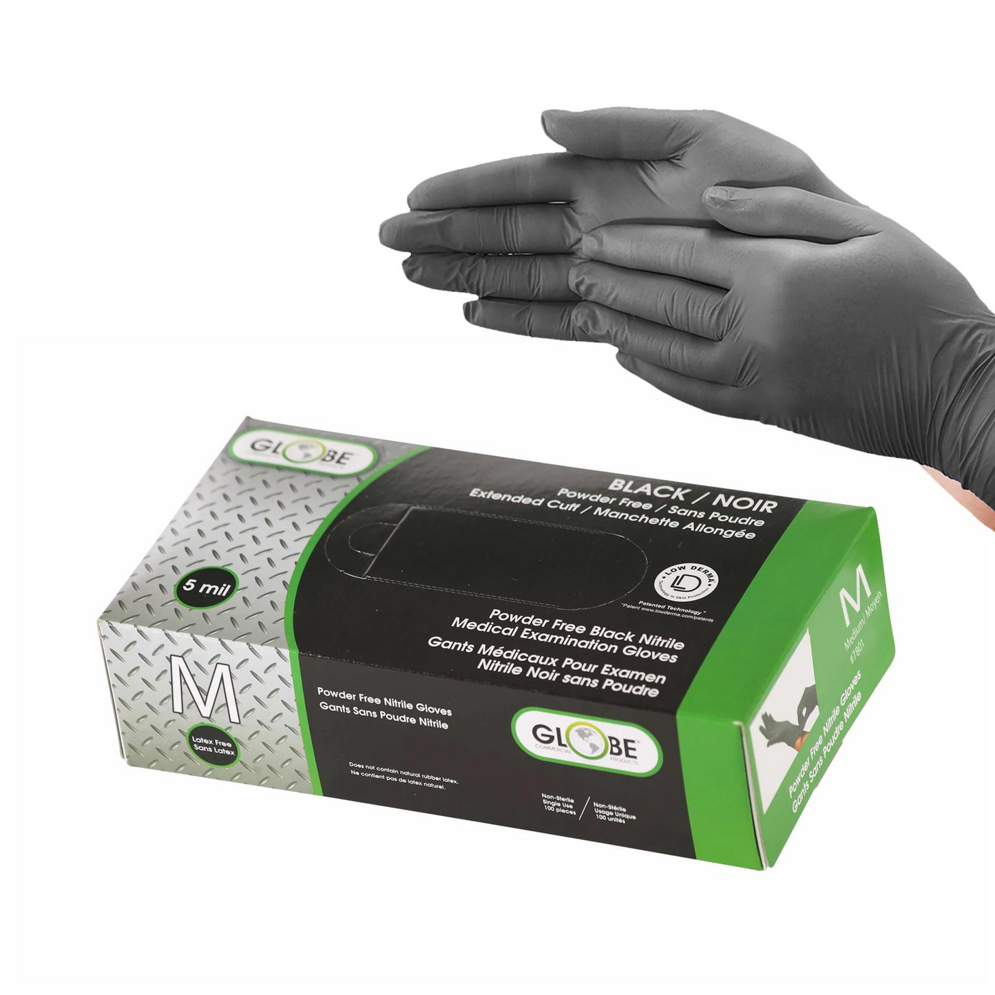 Globe Nitrile Gloves, Powder-Free, Medium, 5 Mil Black - 7801