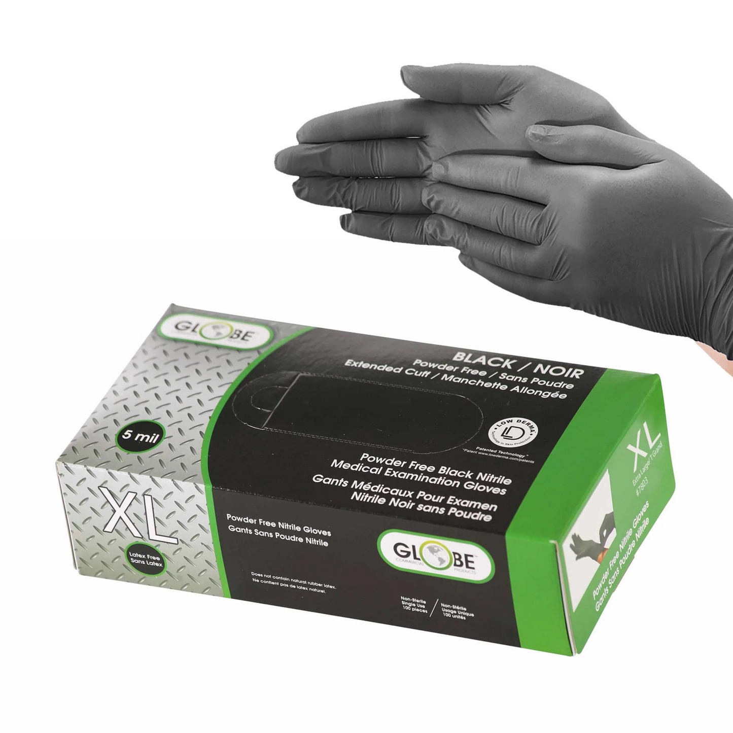 Globe Nitrile Gloves, Powder-Free, XLarge, 5 Mil Black - 7803