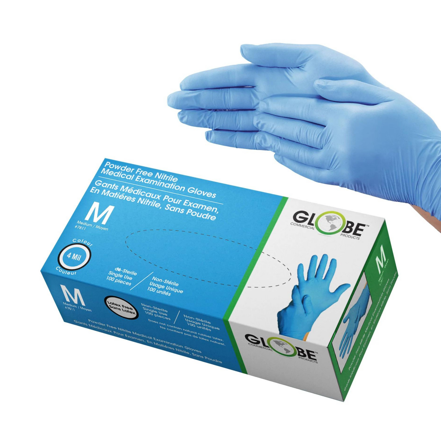 Globe | Gants en nitrile, sans poudre, moyens, bleu 4 mil