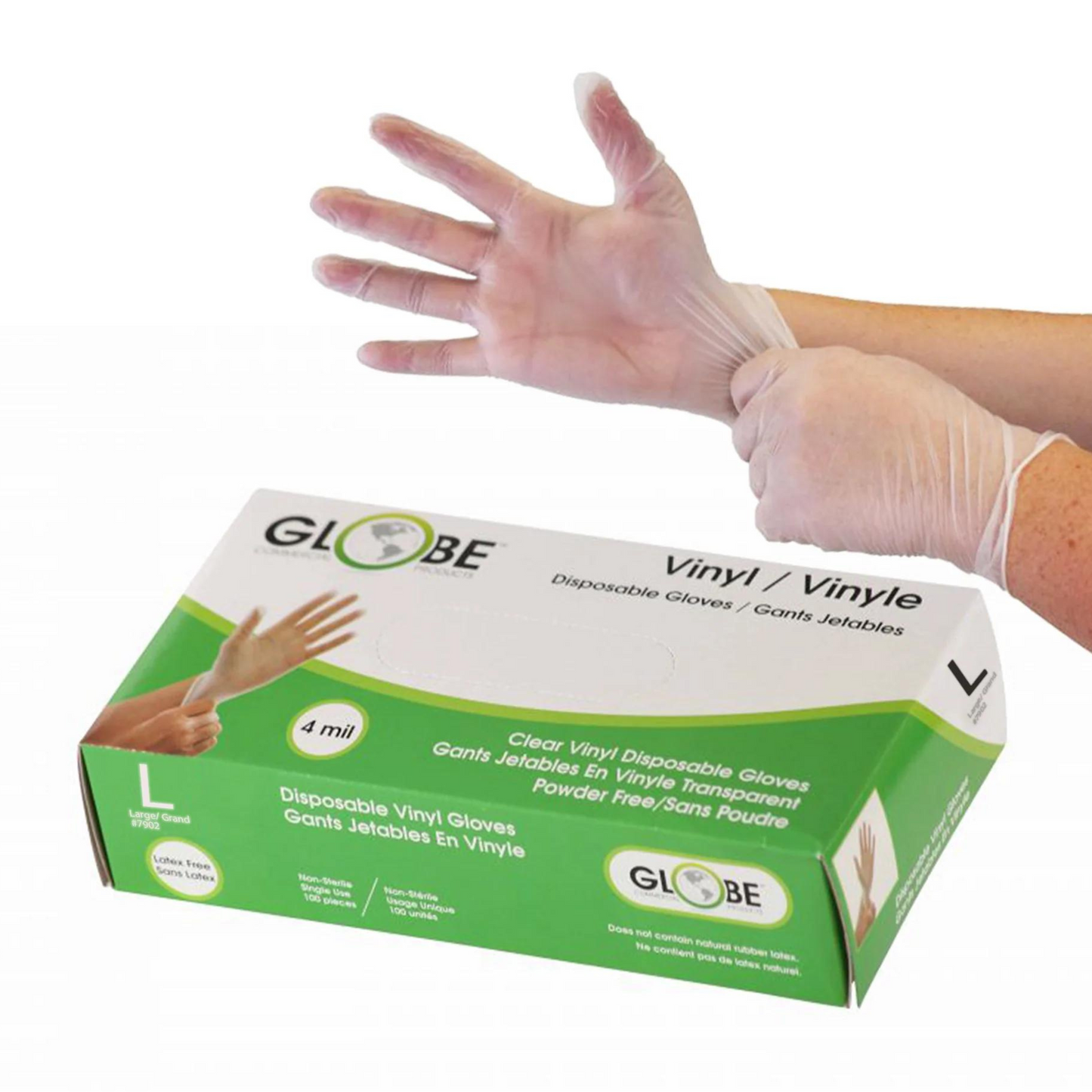 Globe Vinyl Gloves, Powder-Free, Large, 4 Mil Clear - 7902