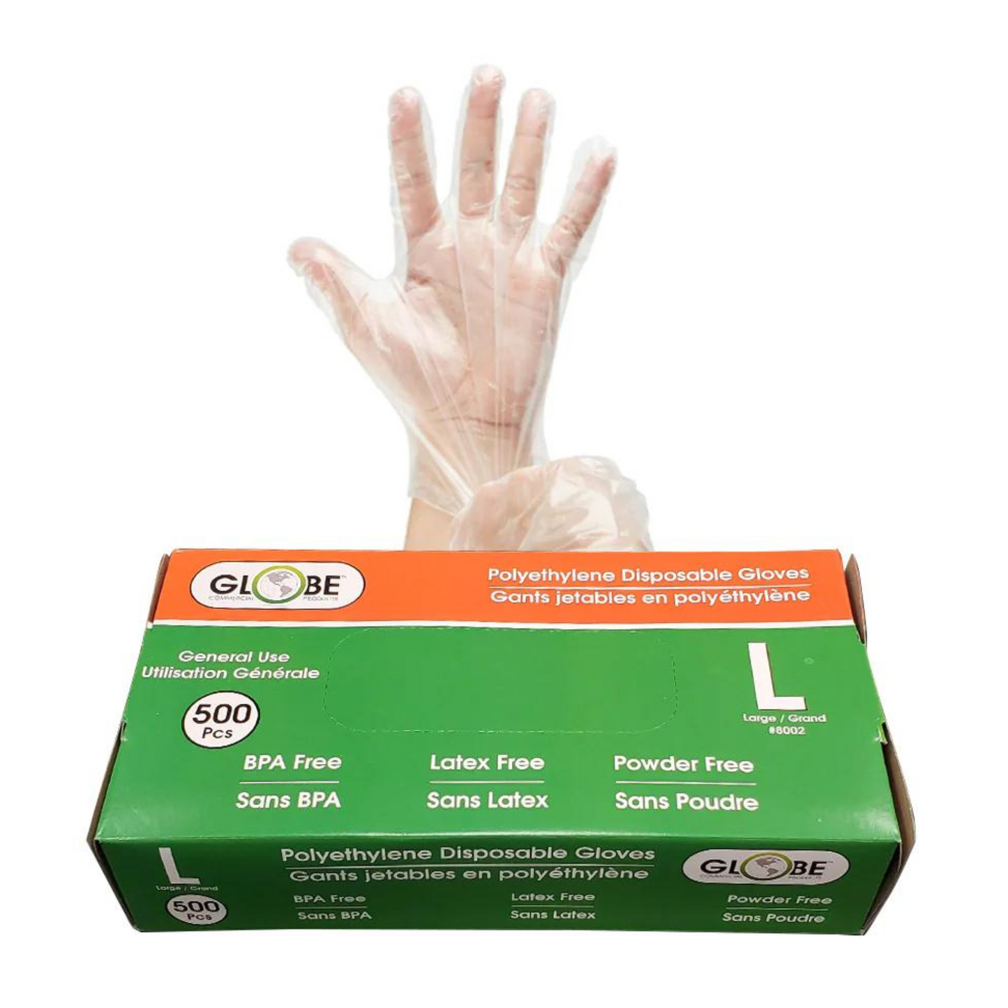 Globe Polyethylene Gloves, Powder-Free, Large, Clear (500-pack) - 8002