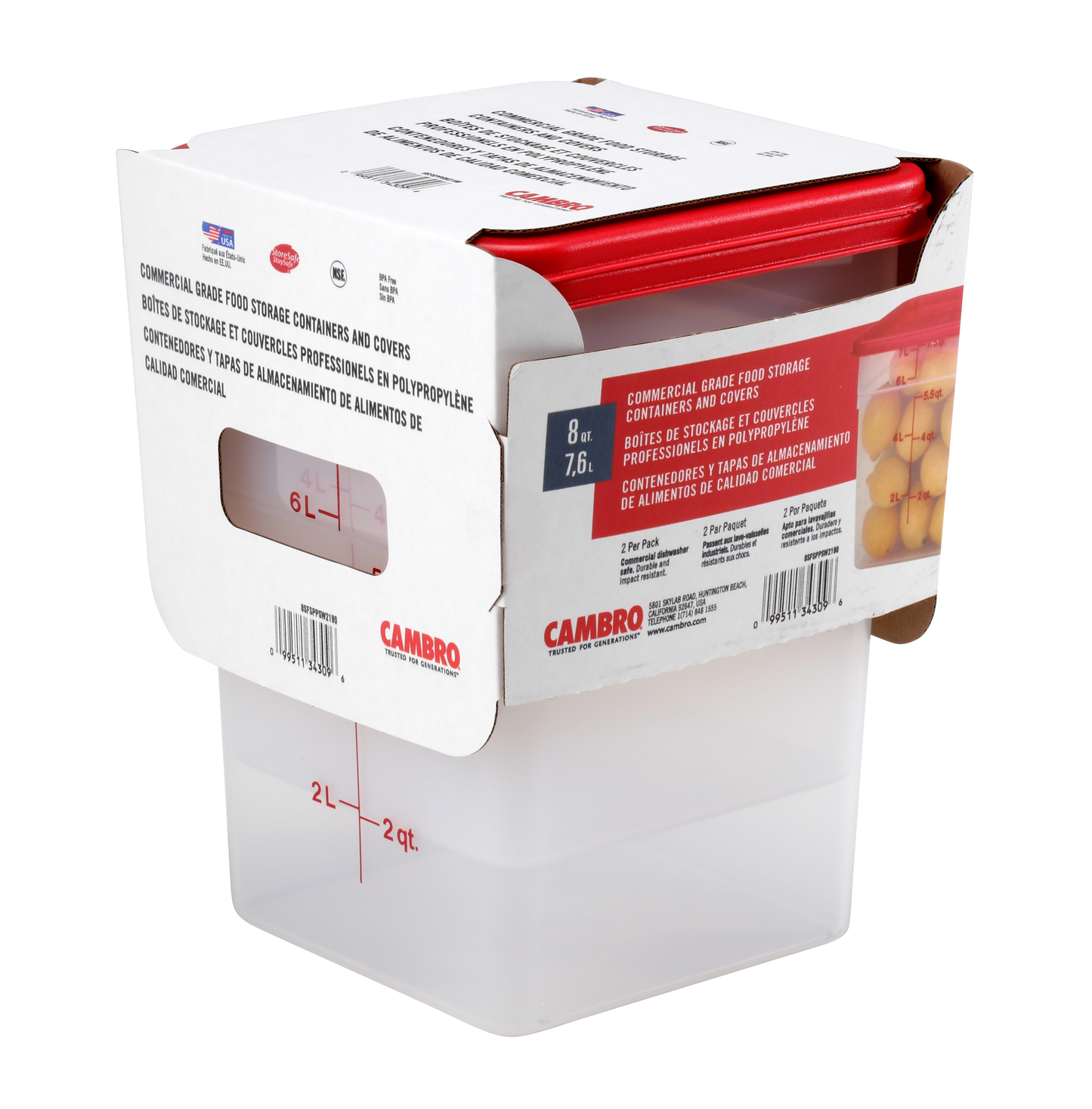 Cambro | Ensemble de récipients et couvercles pour aliments CamSquare, 8 pintes, translucide (paquet de 2)