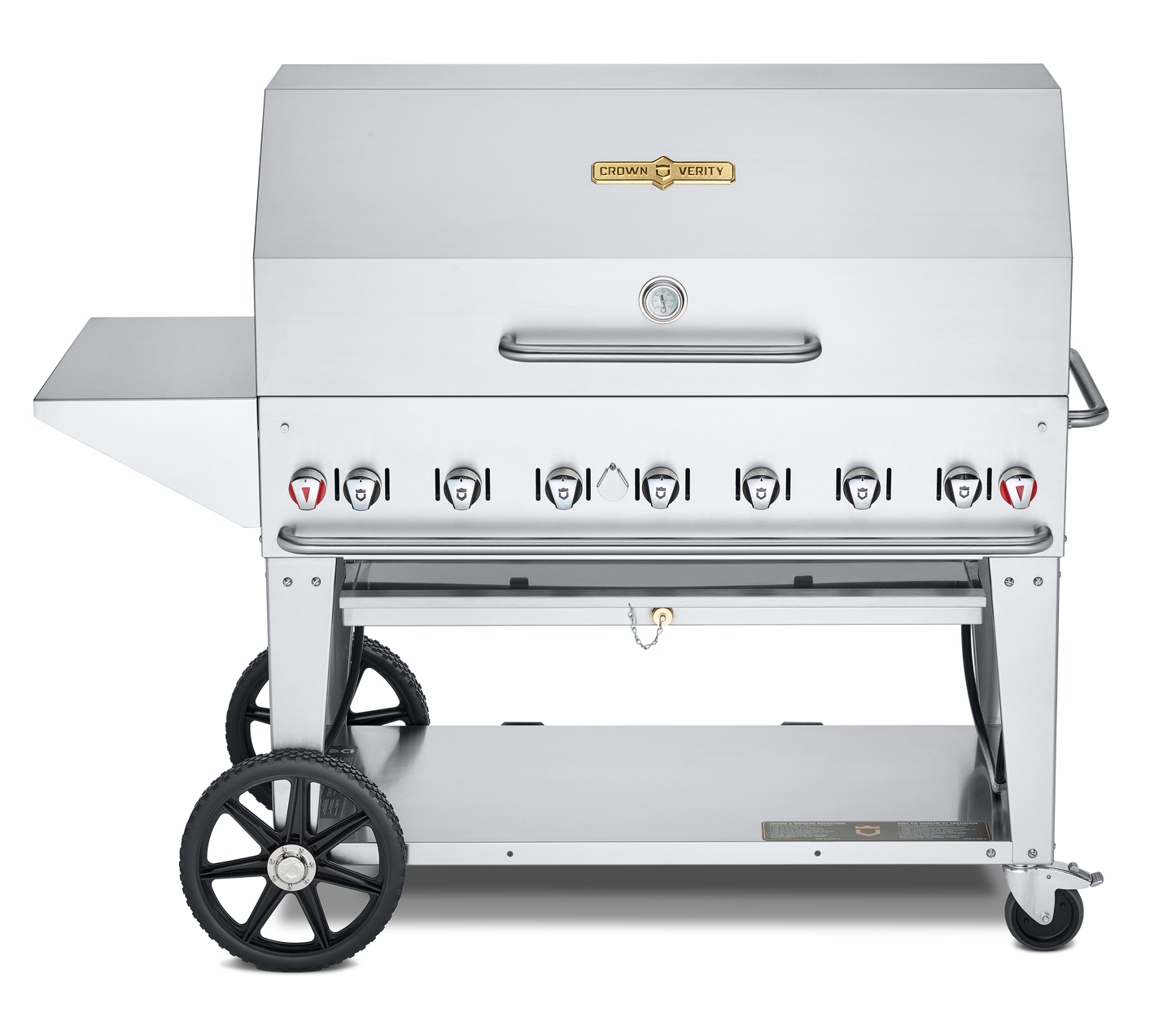 Crown Verity Mobile 48" Gas Grill with Roll Dome, Bun Rack, Removeable End Shelf & BBQ Cover, Propane/20 & 30 lb Tanks - CV-MCB-48PKG