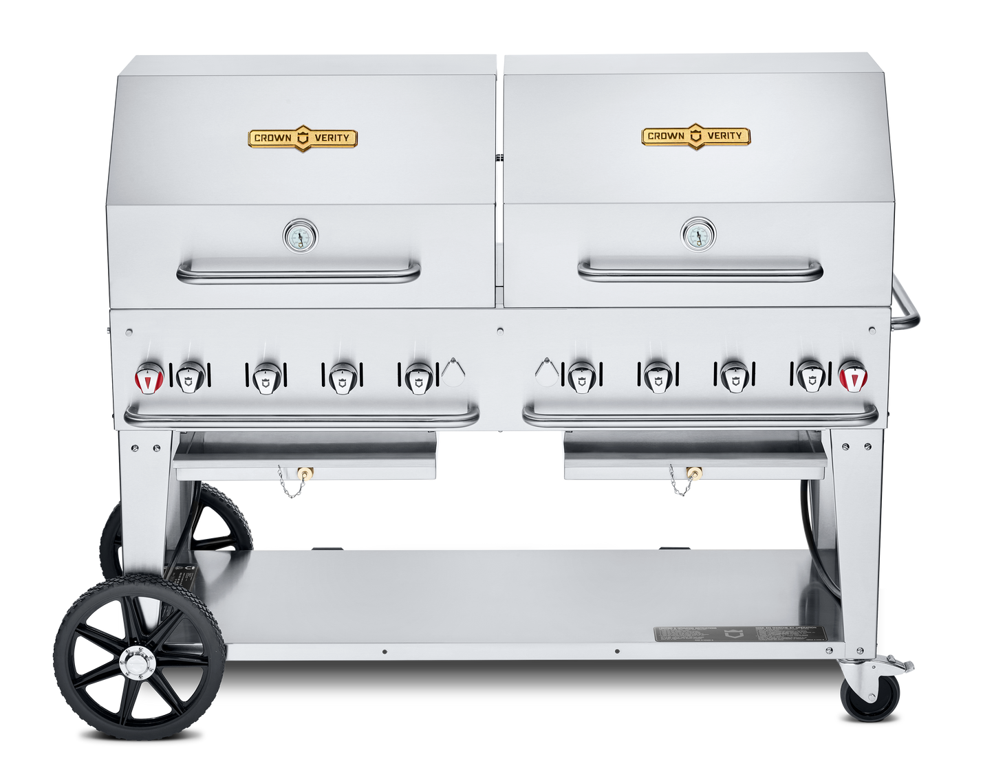 Crown Verity Mobile 60" Gas Grill with 2 x 30" Roll Domes & Bun Racks, Propane/20 & 30 lb Tanks - CV-MCB-60RDP-LP
