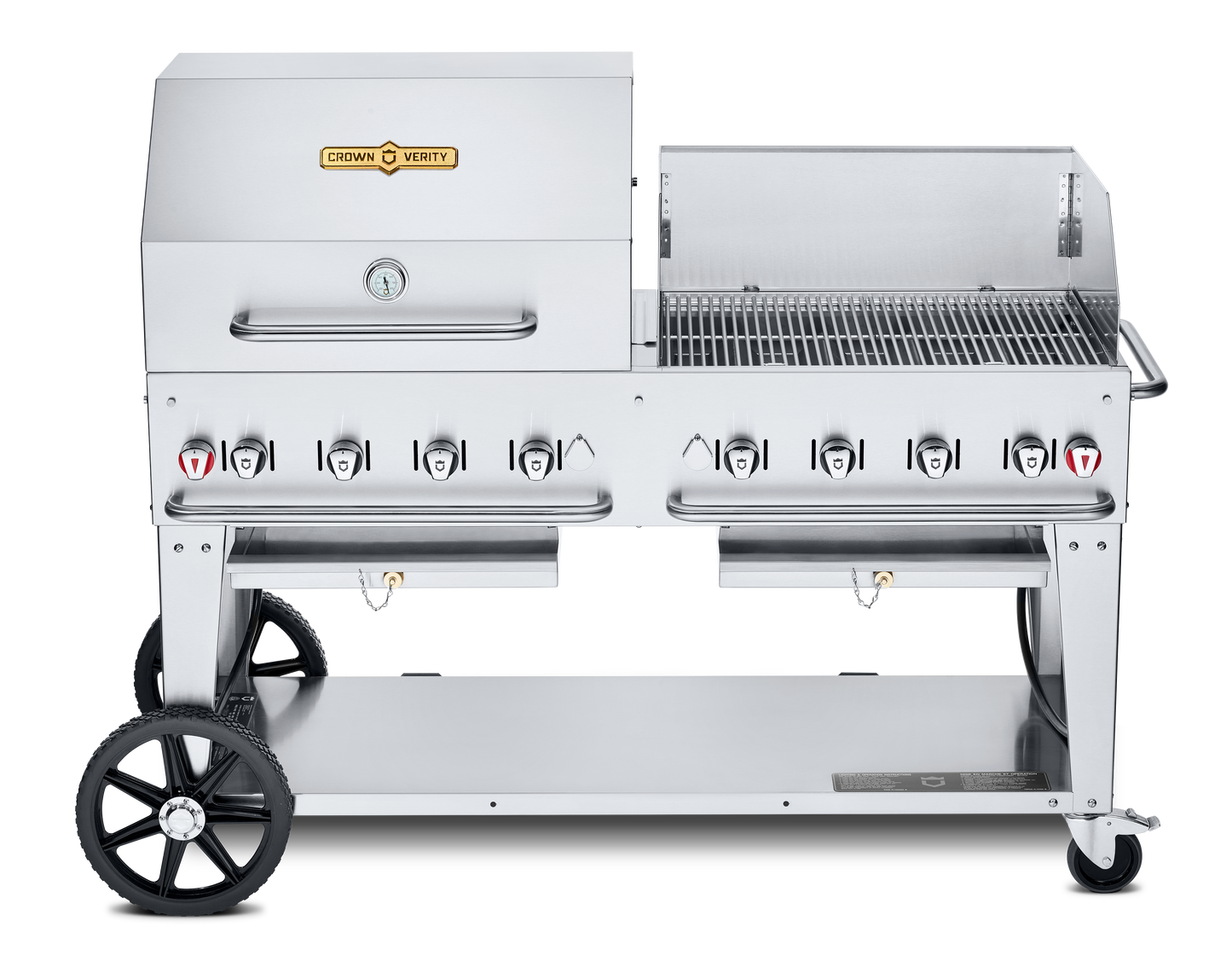 Crown Verity Mobile 60" Gas Grill with 30" Roll Dome & Bun Rack and 30" Windguard, Propane/20 & 30 lb Tanks - CV-MCB-60RWP-LP