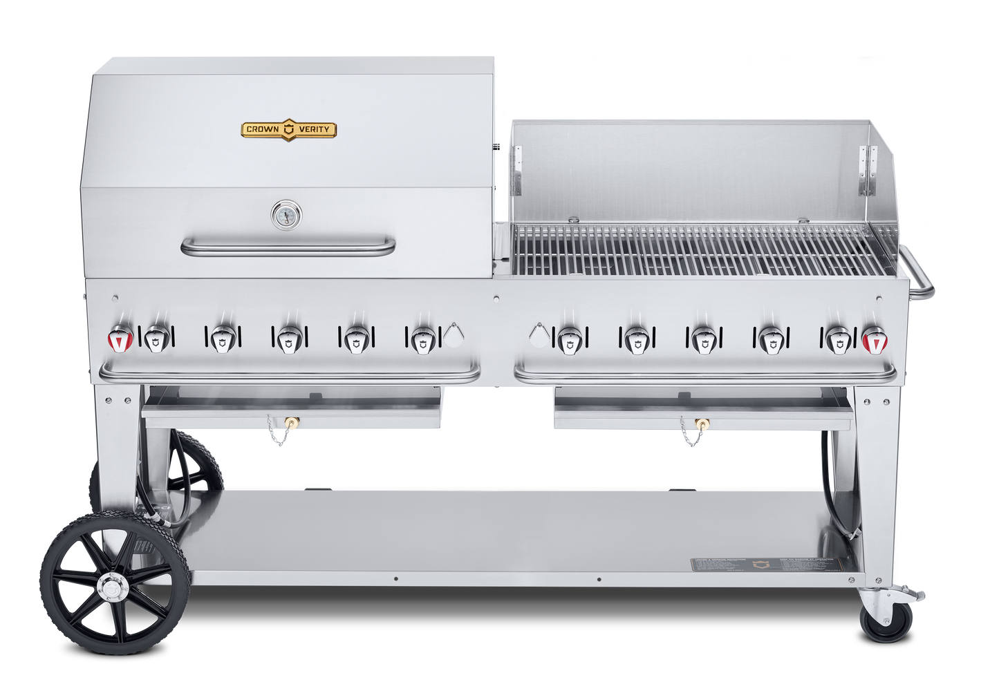 Crown Verity Mobile 72" Gas Grill with 36" Roll Dome & Bun Rack and 36" Windguard, Propane/20 & 30 lb Tanks - CV-MCB-72RWP-LP