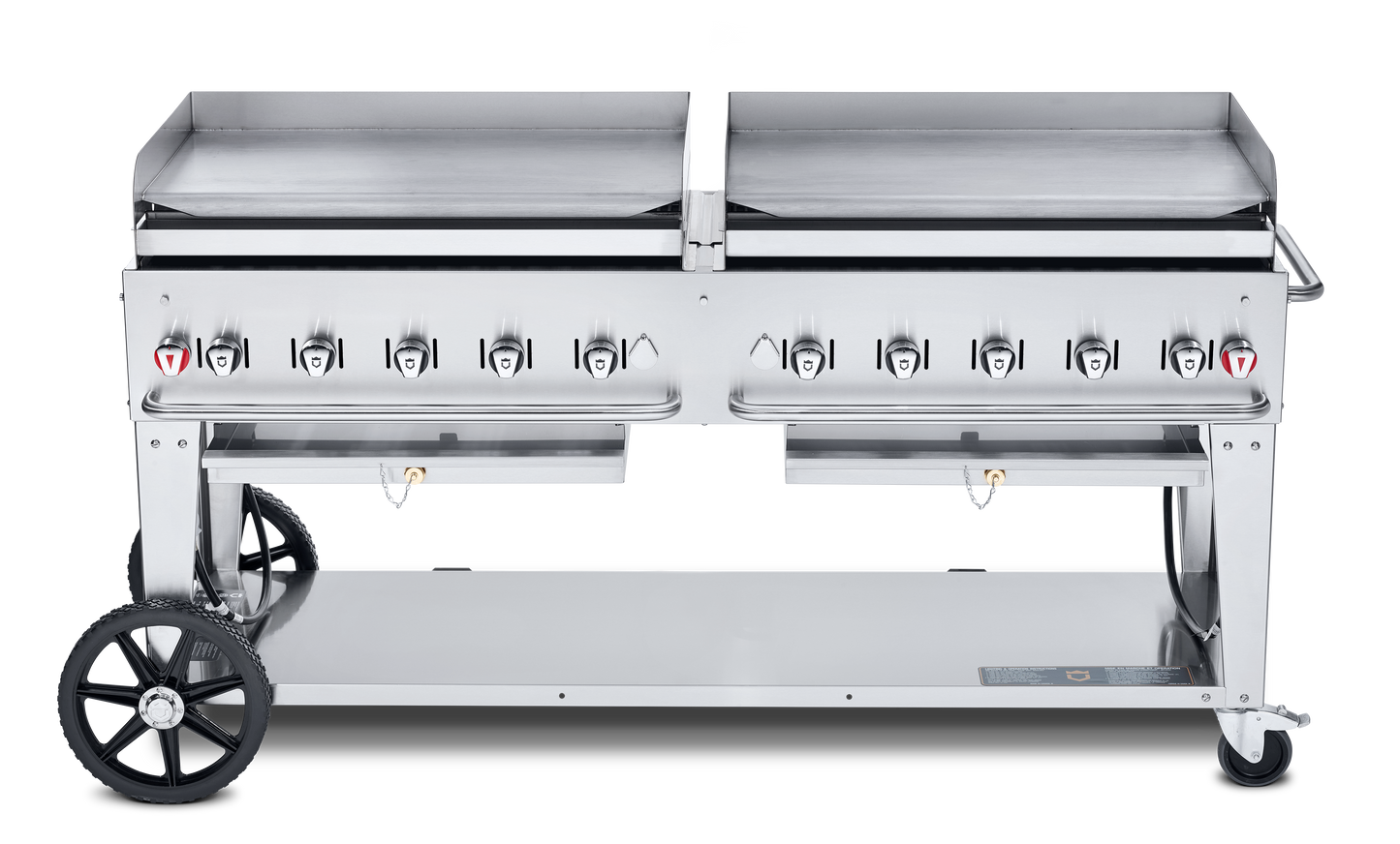 Crown Verity Mobile 72" Gas Griddle with 2 x 36" Griddles, Grease Trays and Backsplashes, Stainless Steel, Natural Gas - CV-MG-72NG