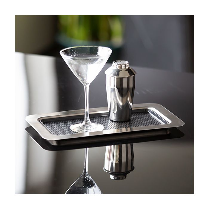Service Ideas Rectangular Serving Tray with Removable Non-Slip Insert, 13" x 7.5", Stainless Steel/Black - TR137RI
