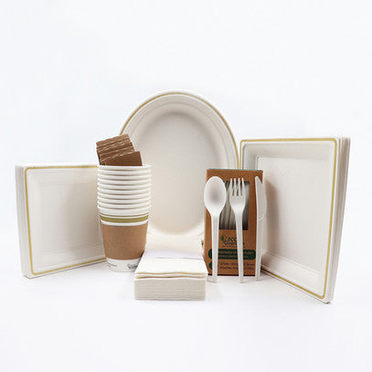 Eco Guardian | 104 piece Compostable Party Kit, White/Gold Trim, Sugarcane/CPLA (8-pack) - ChefEquipment.com