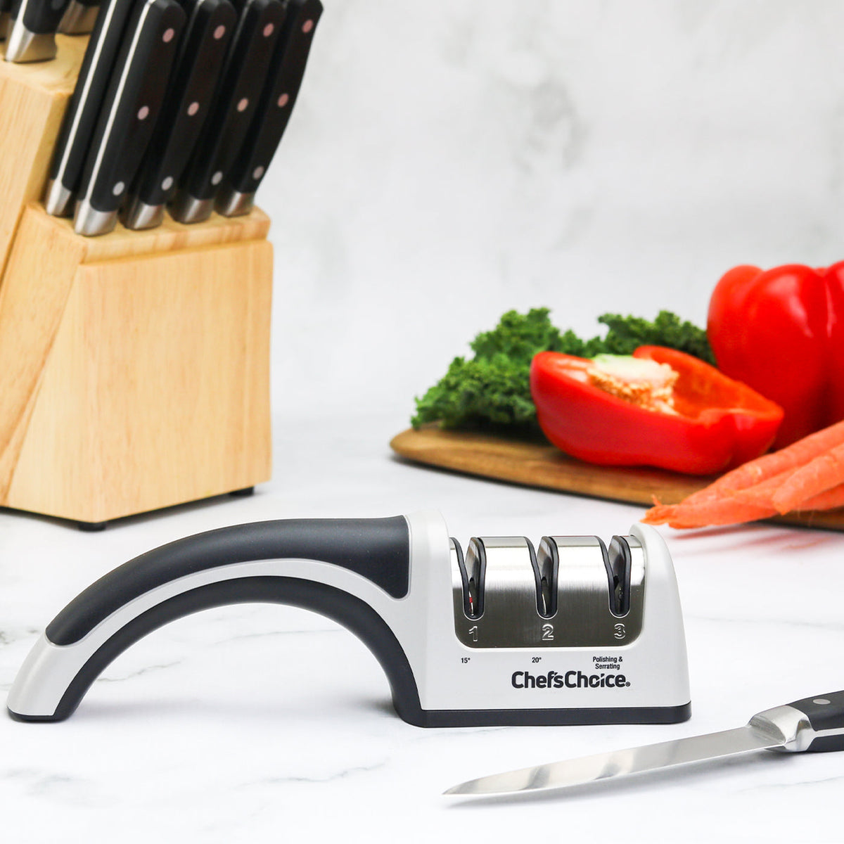 Chef'sChoice Model 4643 AngleSelect Manual Knife Sharpener, 3 Stages, 20 or 15 Degree Edges, Silver/Black, FINAL SALE - 4643009