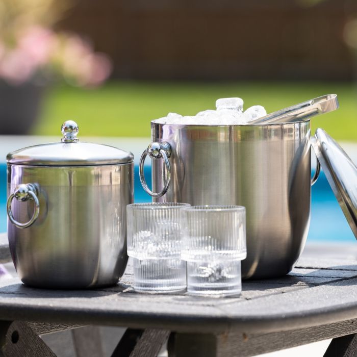 Service Ideas Round Double Wall Ice Bucket with Lid & Tongs, 1.3 L, Stainess Steel - IB13BS