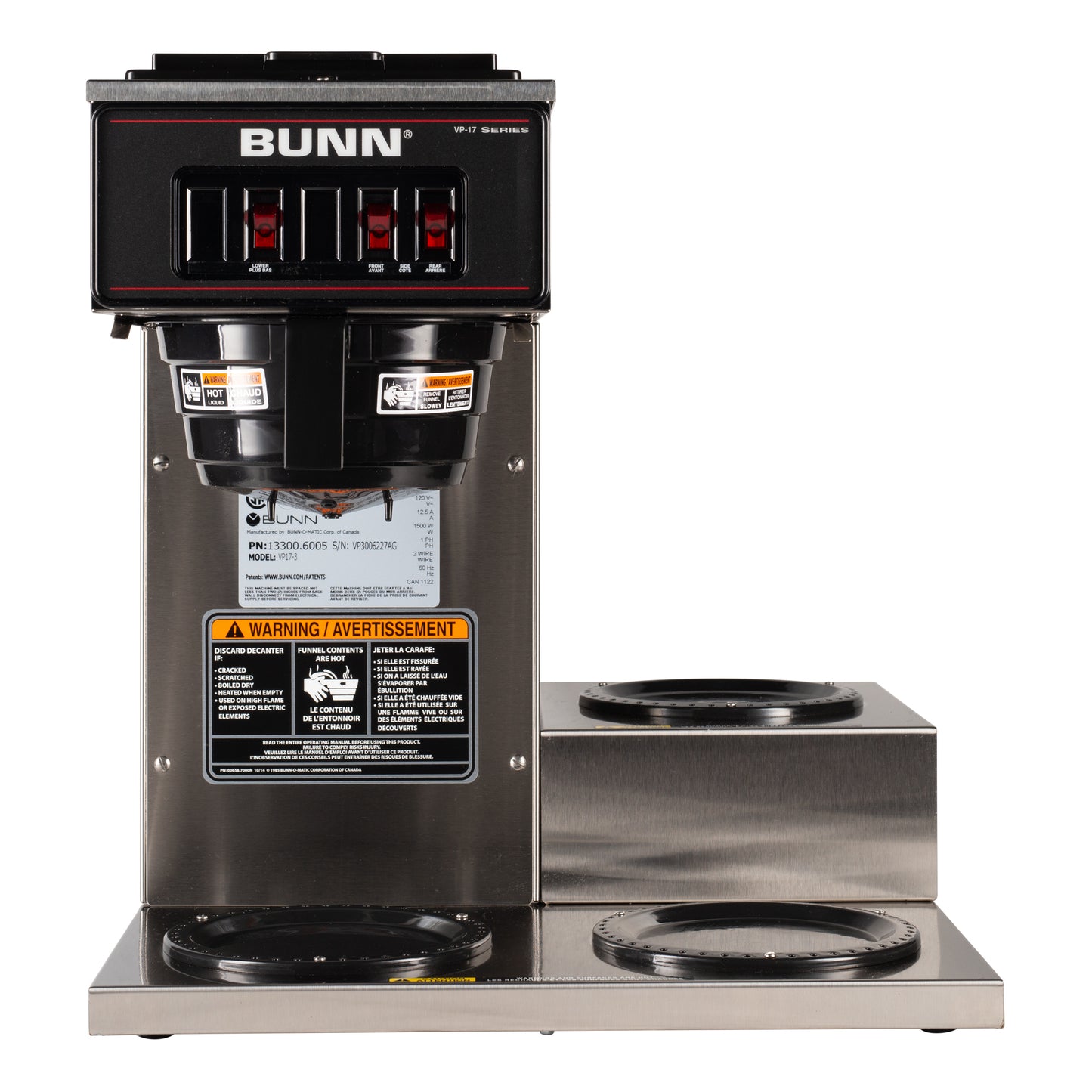 BUNN | VP17-3 Low Profile Coffee Brewer w 3 Lower Warmers, 12 Cup, Stainless Steel