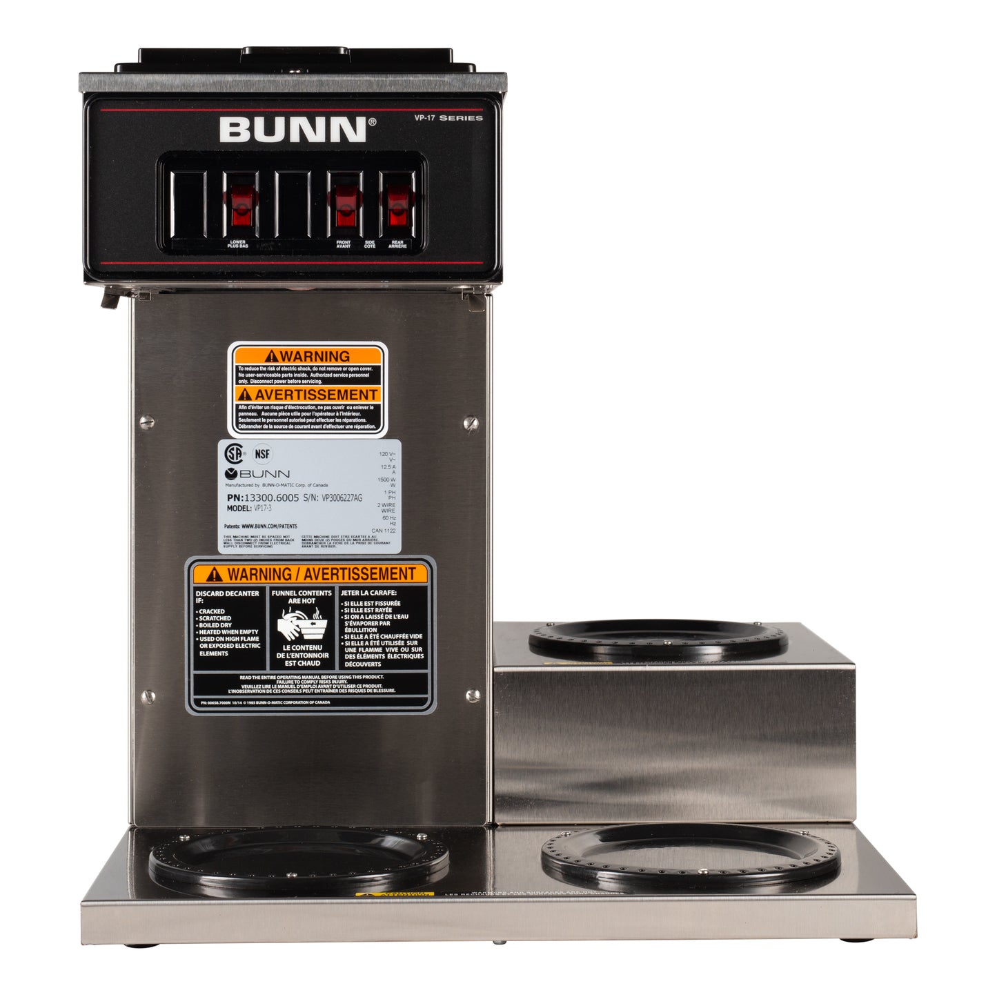 BUNN | VP17-3 Low Profile Coffee Brewer w 3 Lower Warmers, 12 Cup, Stainless Steel