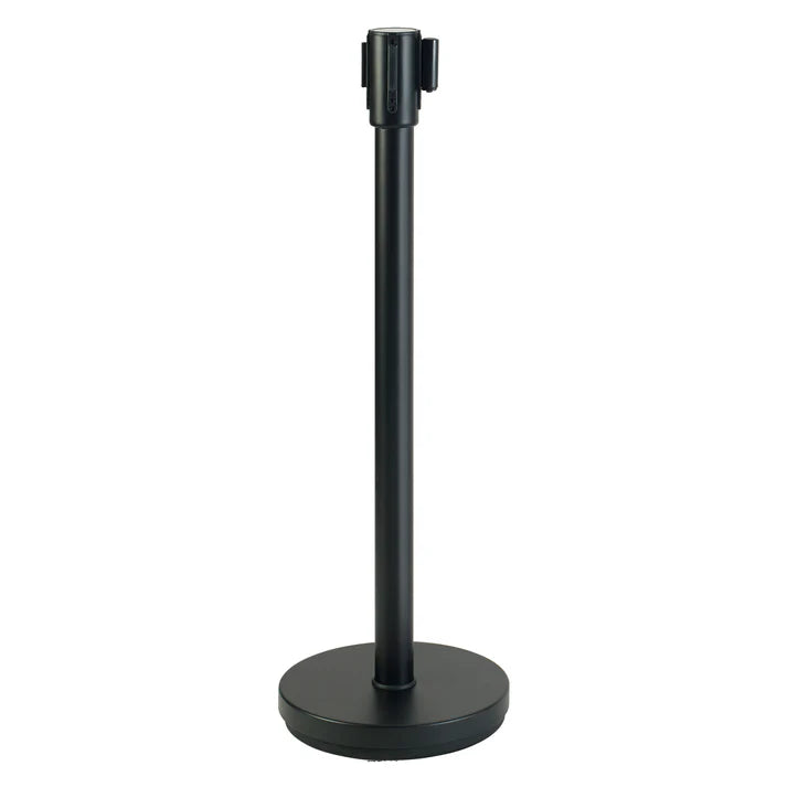 Winco Stanchion Post with Retractable 6.5ft Belt, Black, 34"