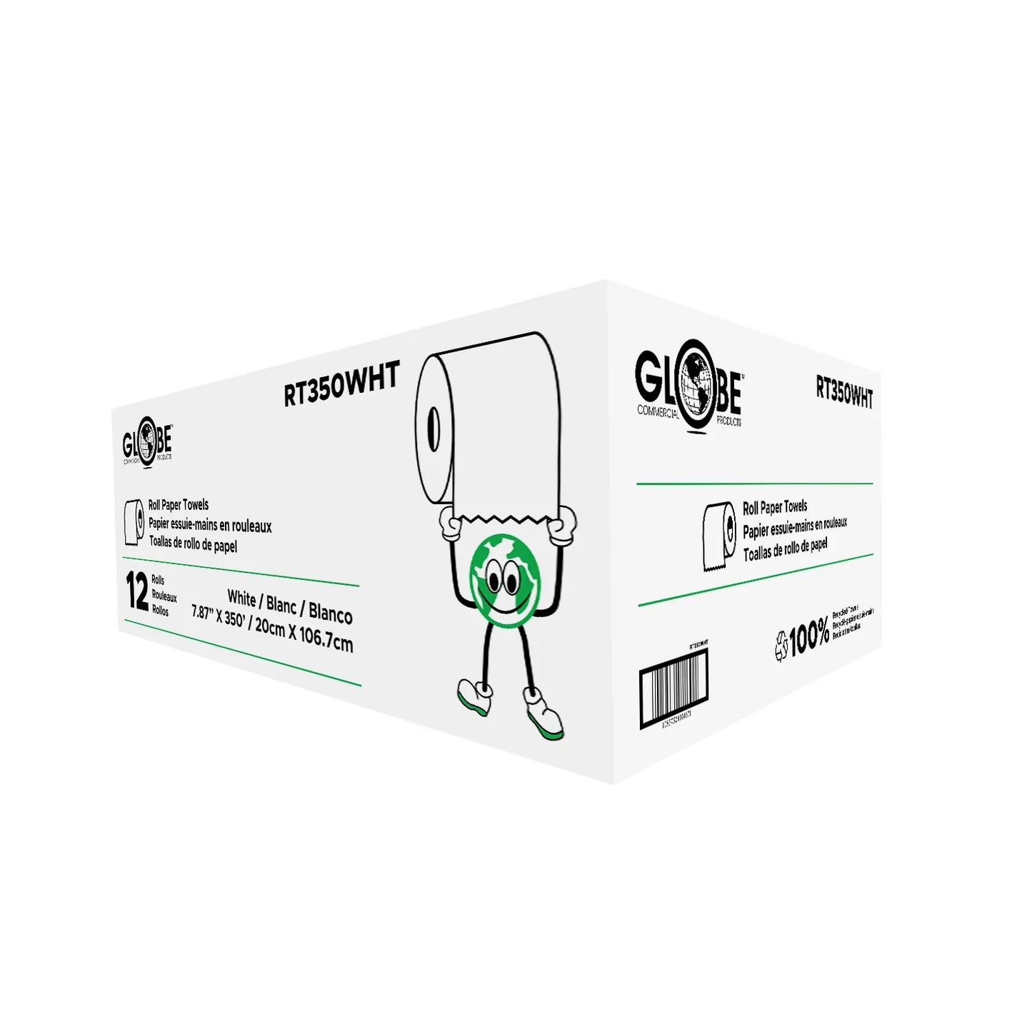 Rouleaux d'essuie-tout professionnels Globe, blancs (paquet de 12) - RT350WHT