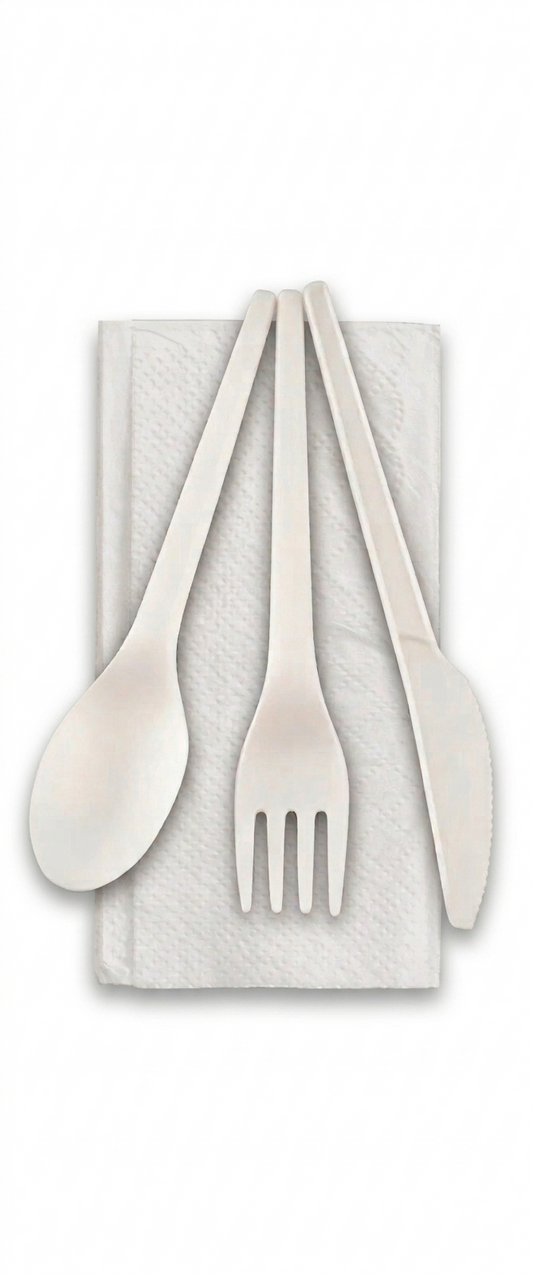 Ensemble de couverts emballés individuellement biodégradables Eco Guardian avec serviette, CPLA blanc (paquet de 250) - EG-CPLA-CS6.5-R1