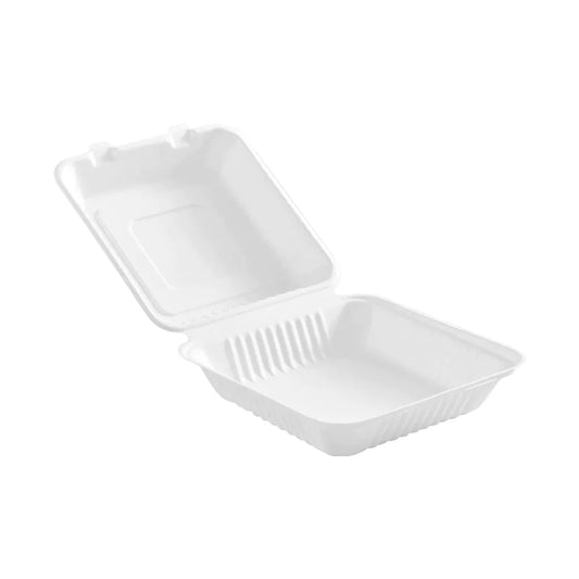 Globe | Compostable Hinged Clamshell Containers, White, Sugarcane, 6" x 6" x 3" (200-pack)