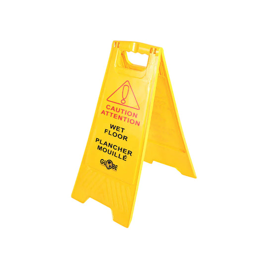 Globe | Caution Wet Floor Sign, Two Sided, Bilingual, Yellow