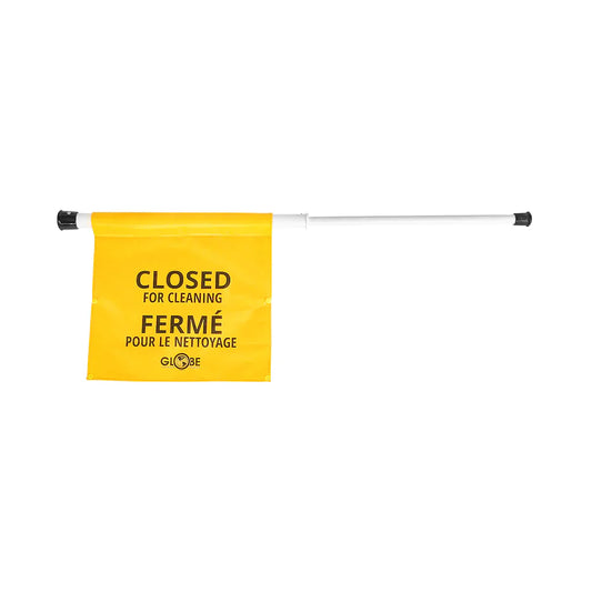 Globe | Closed for Cleaning Spring Loaded Doorway Sign, Bilingual, Yellow