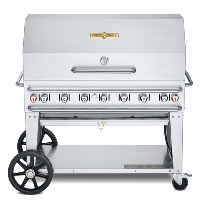 Crown Verity Pro Series Rental 48" Gas Grill with Crash Bars, Roll Dome and Bun Rack, Propane/Bulk - CV-RCB-48RDP-SI-BULK