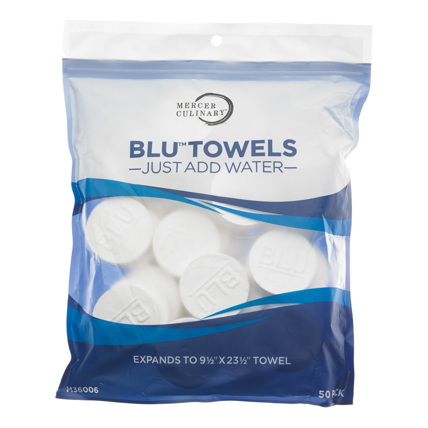 Mercer | BLU Towel Pucks, Expands to 9 1/2" x 23 1/2", Cotton (50-pack)