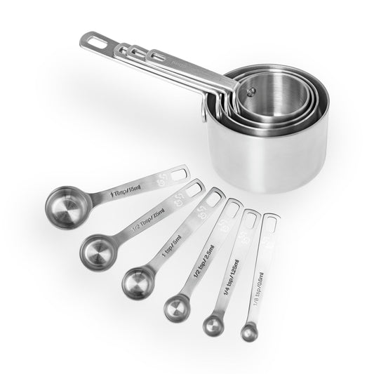 Fat Daddio's Measuring Cups & Spoons Set, 10 Piece, 7" x 5" x 2", Stainless Steel - FDMCSSET