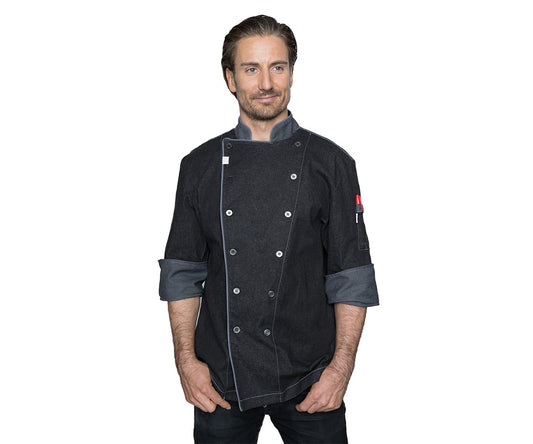Blackwood | Clarke Veste de chef à manches courtes, petite, boutons en plastique, denim, noir