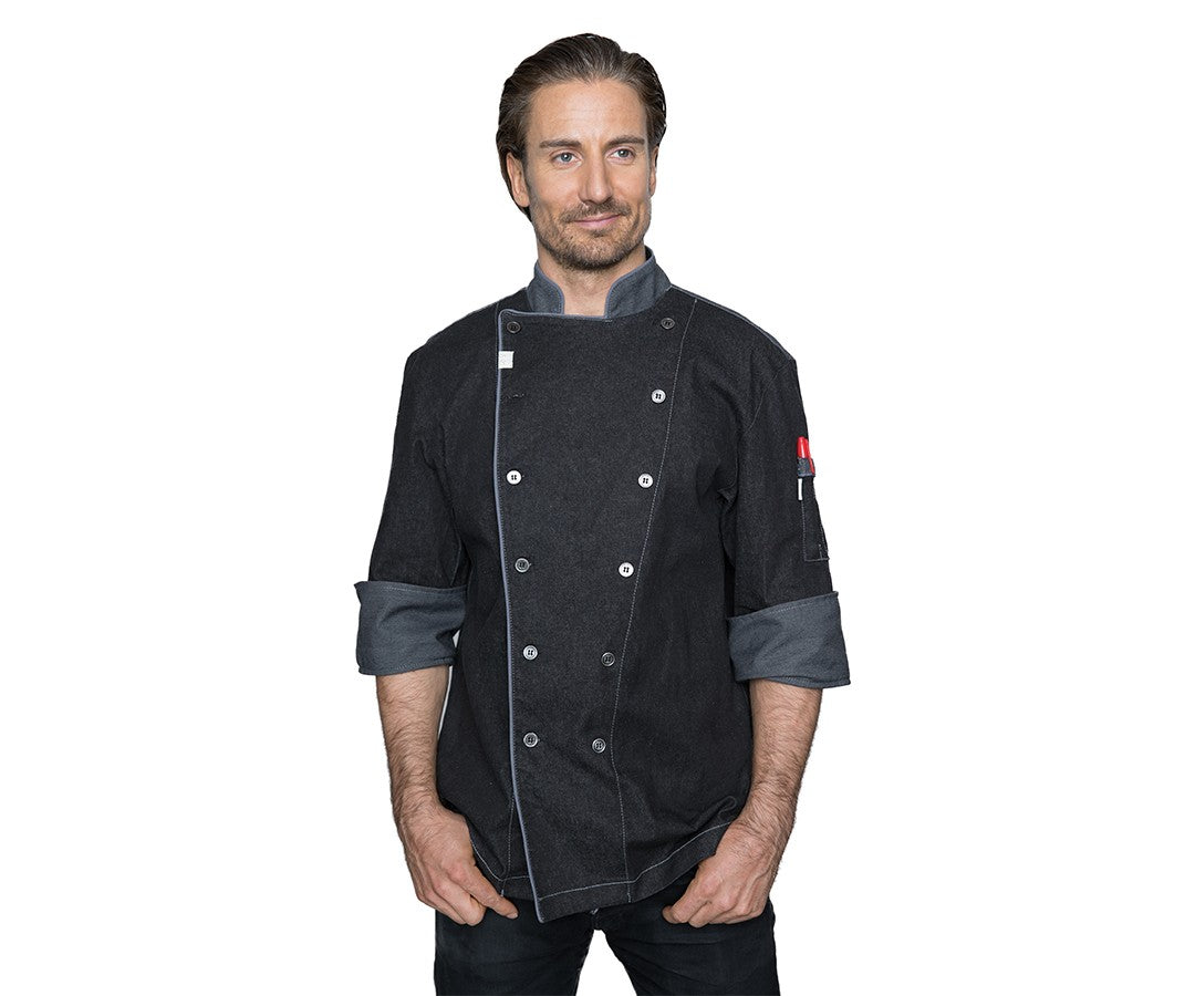 Blackwood | Clarke Veste de chef à manches courtes, XLarge, Boutons en plastique, Denim, Noir