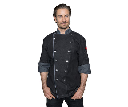 Blackwood | Clarke Veste de chef à manches courtes, XLarge, Boutons en plastique, Denim, Noir