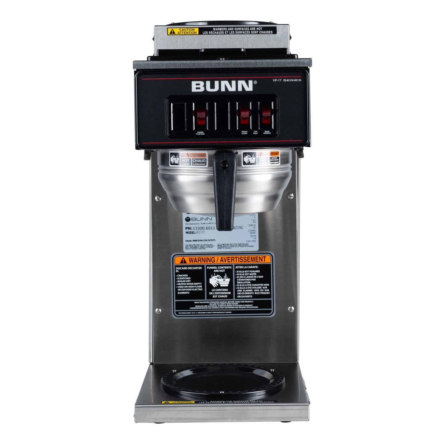 BUNN | VP17-3T Coffee Brewer w 3 Warmers, 12 Cup, Stainless Steel