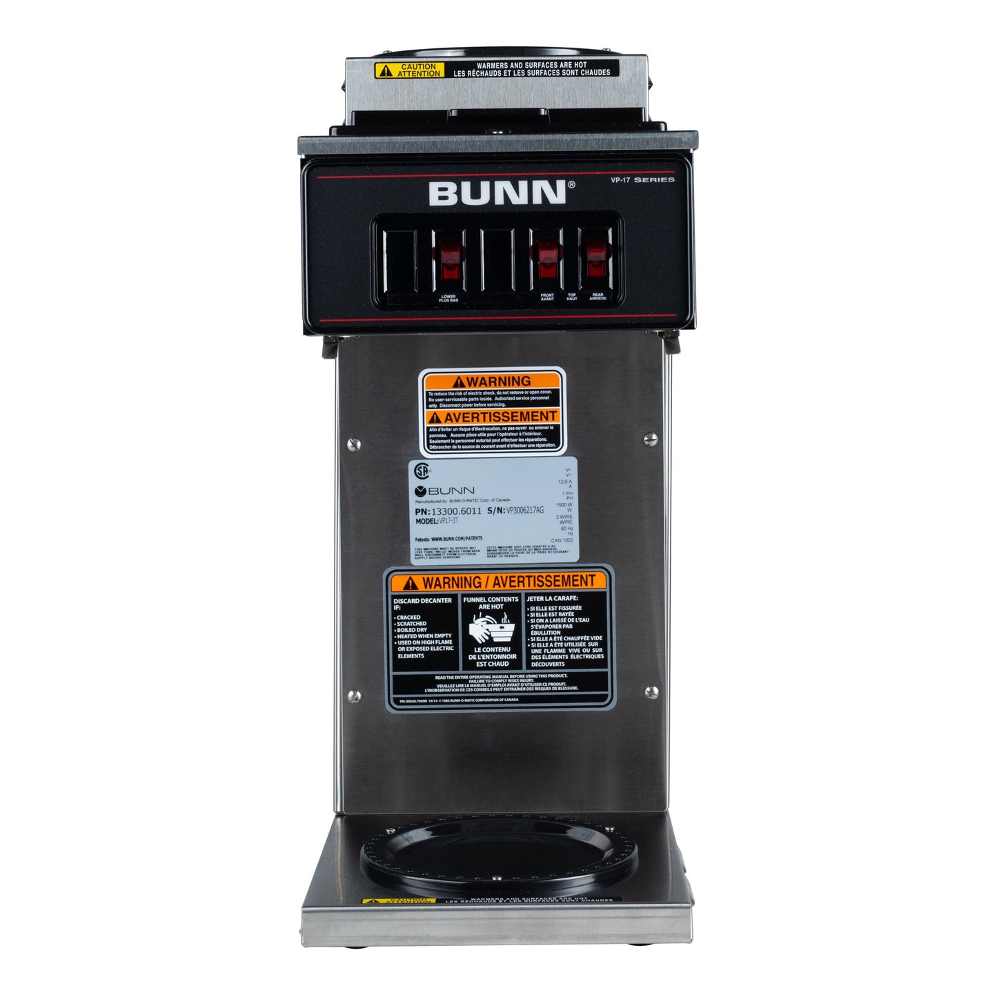 BUNN | VP17-3T Coffee Brewer w 3 Warmers, 12 Cup, Stainless Steel