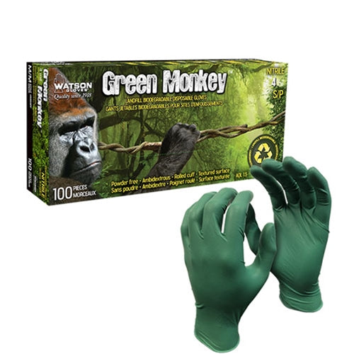 Watson Gloves | Green Monkey Biodegradable Nitrile Glove, Large, Green (100-pack)