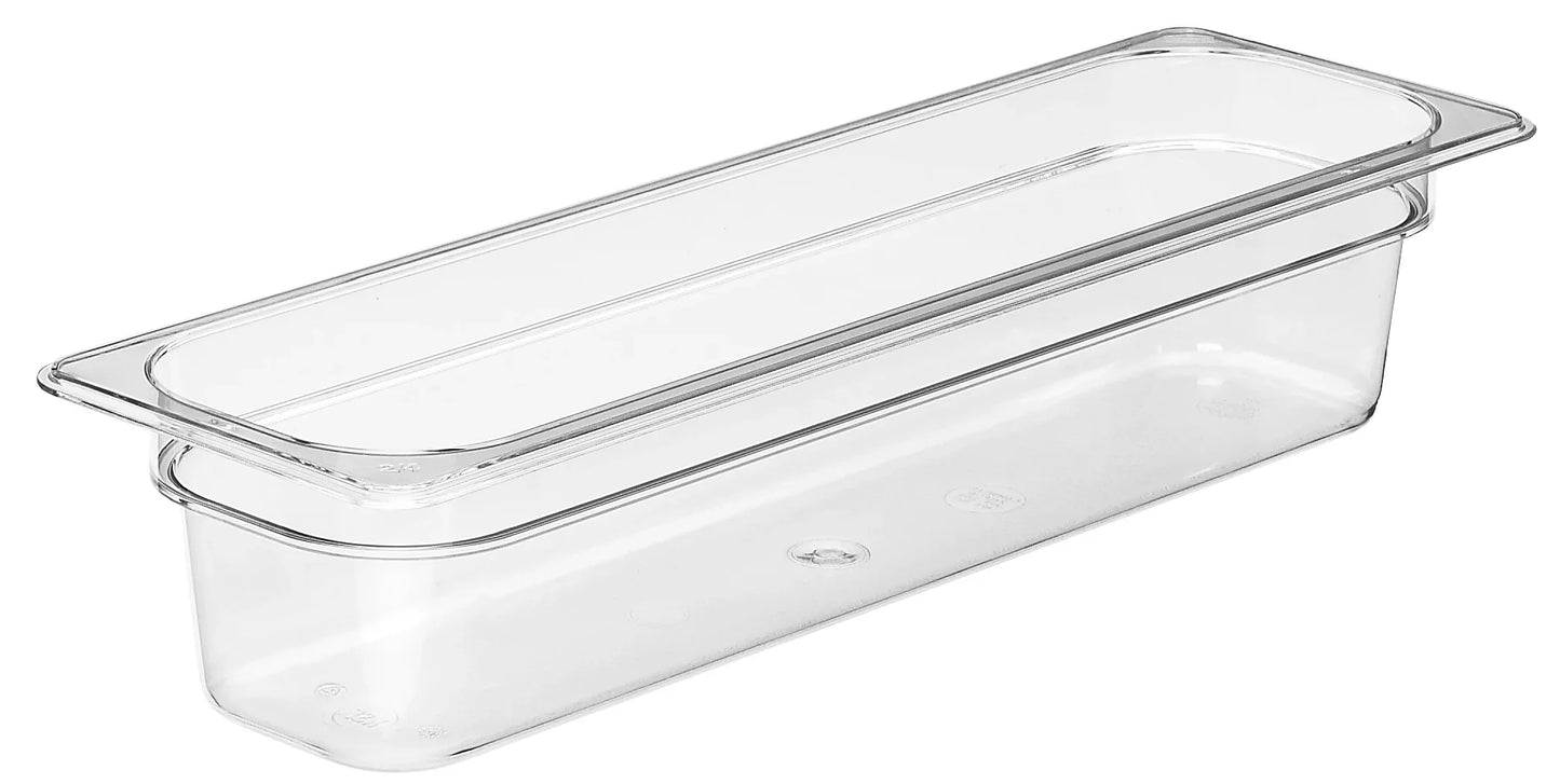 Cambro | Bac gastronome Camwear, demi-taille longue, 4" de profondeur, transparent
