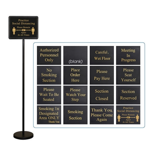 Winco | Floor Sign Set, 16 Black Sign Boards with 60" Tall Stand and Base