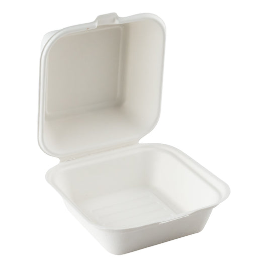 Eco-Packaging | Compostable Sugarcane Clamshell Container, 6" x 6" x 3", White (500-pack)