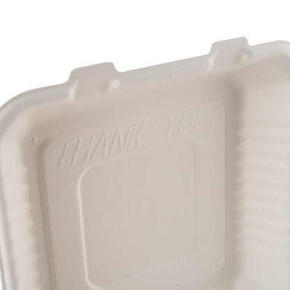 Eco-Packaging | Compostable Sugarcane Clamshell Container, 9" x 9" x 3", White (200-pack)