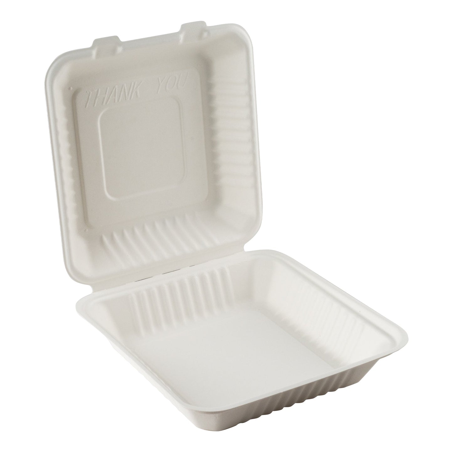 Eco-Packaging | Compostable Sugarcane Clamshell Container, 8" x 8" x 3", White (200-pack)