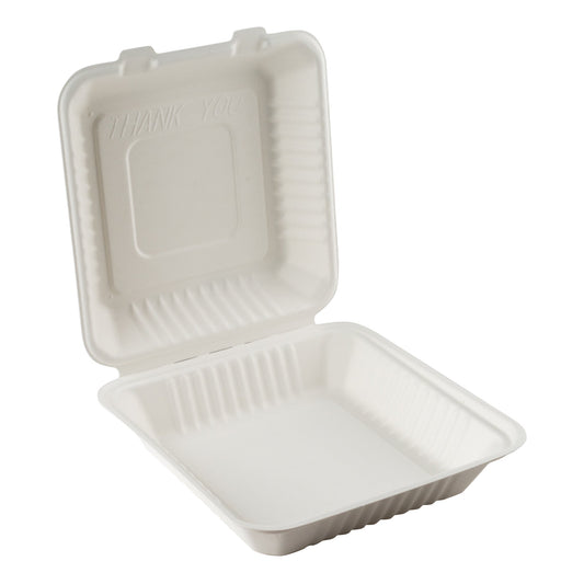 Eco-Packaging | Compostable Sugarcane Clamshell Container, 8" x 8" x 3", White (200-pack)