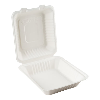 Eco-Packaging | Compostable Sugarcane Clamshell Container, 8" x 8" x 3", White (200-pack)