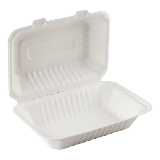 Eco-Packaging | Compostable Sugarcane Clamshell Container, Heavy Duty, 9" x 6", White (200-pack)